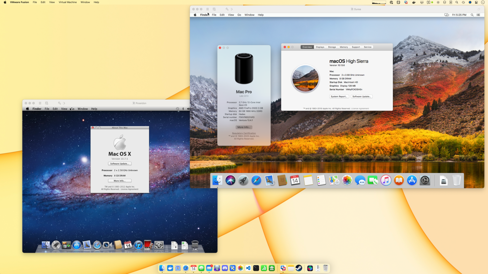  Screenshot of macOS 13.4.1 Ventura running on a 2013 Mac Pro with 2 VMWare Fusion windows open. The first is running macOS 10.13.6 High Sierra and the second is running Mac OS X 10.7.5 Lion